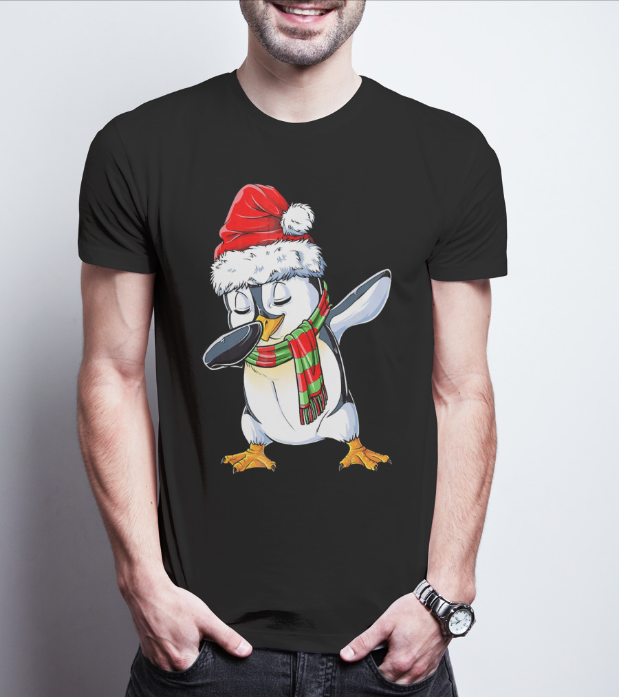 Dabbing Penguin Santa Claus With Festive Scarf T-Shirt