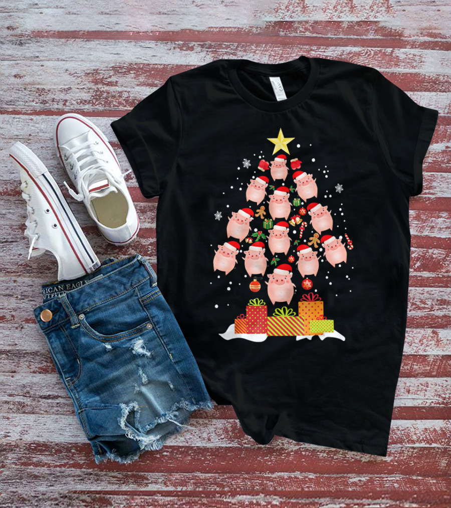 Christmas Tree Of Santa Hat Pigs With Gifts And Snowflakes T-Shirt