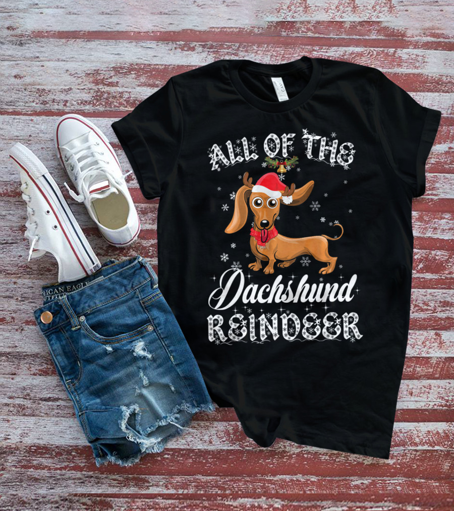 All Of The Dachshund Reindeer Santa Hat Snowflakes T-Shirt