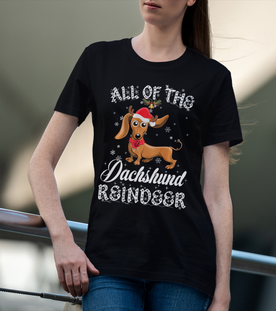 All Of The Dachshund Reindeer Santa Hat Snowflakes T-Shirt