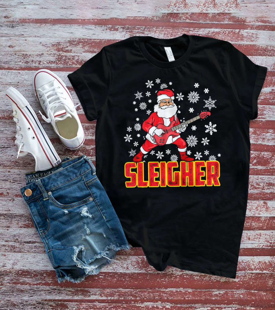 Sleigher Santa Claus With Guitar And Snowflakes T-Shirt