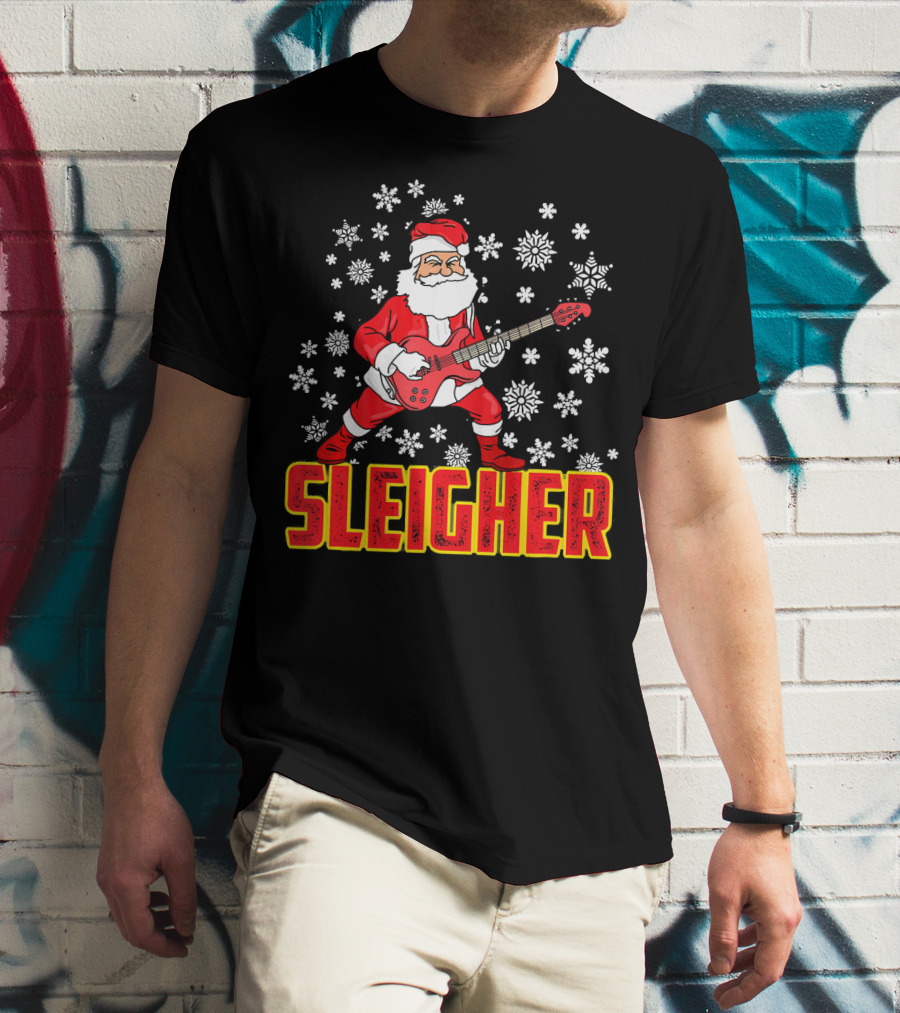 Sleigher Santa Claus With Guitar And Snowflakes T-Shirt