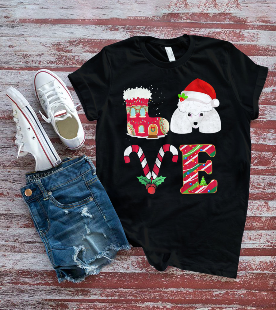 I Love My Poodle Funny Christmas Poodle Candy Cane Santa Hat Holiday Boot T-Shirt