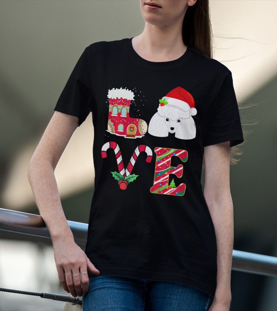 I Love My Poodle Funny Christmas Poodle Candy Cane Santa Hat Holiday Boot T-Shirt