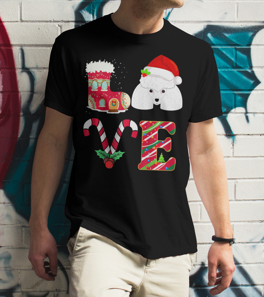 I Love My Poodle Funny Christmas Poodle Candy Cane Santa Hat Holiday Boot T-Shirt