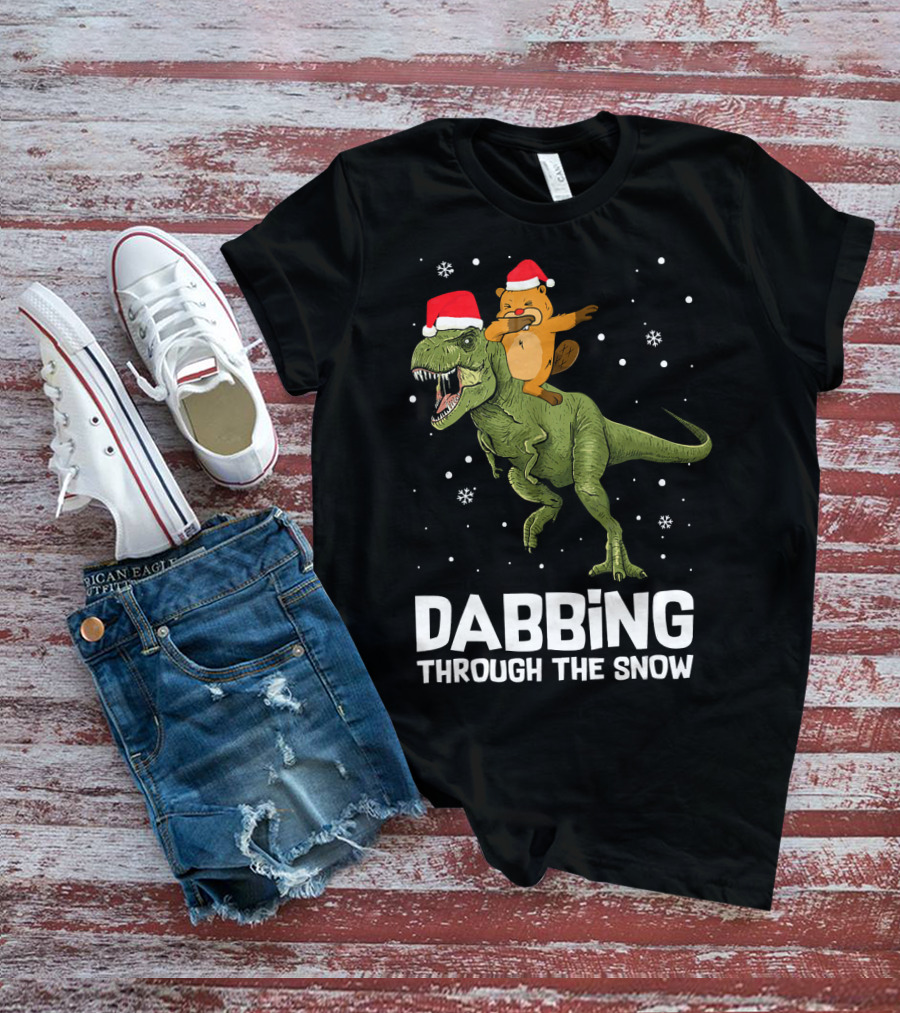 Beaver Dabbing On Dinosaur Wearing Santa Hats Dabbing Through The Snow T-Shirt
