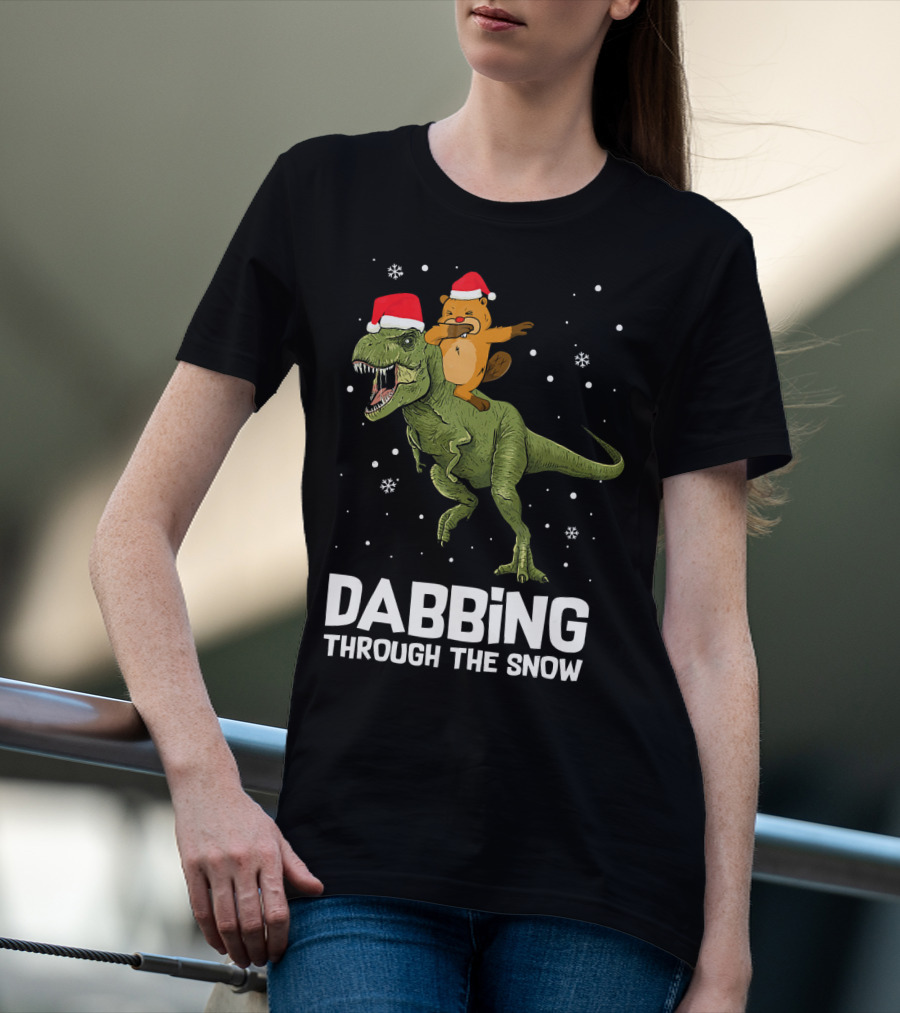 Beaver Dabbing On Dinosaur Wearing Santa Hats Dabbing Through The Snow T-Shirt