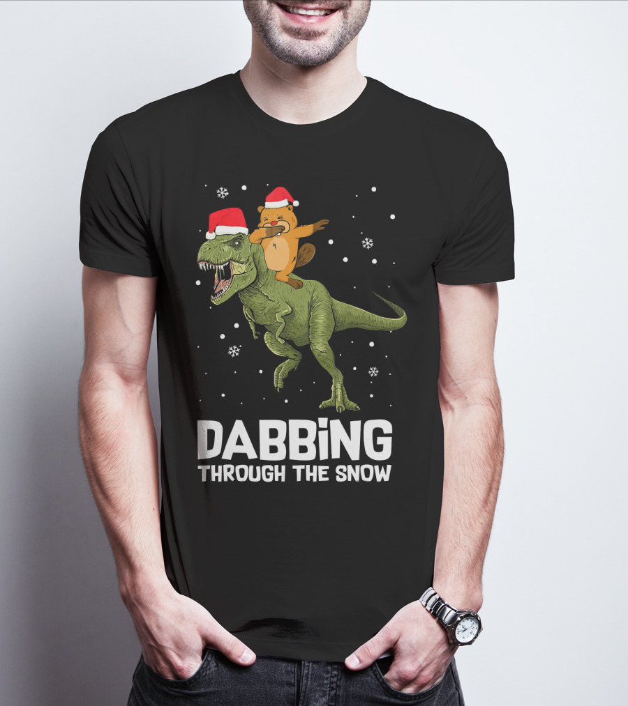 Beaver Dabbing On Dinosaur Wearing Santa Hats Dabbing Through The Snow T-Shirt
