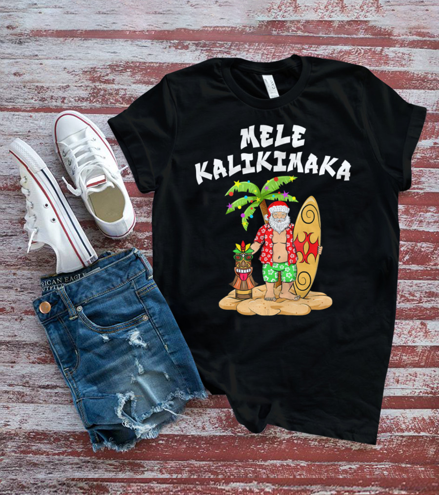 Mele Kalikimaka Santa With Surfboard And Tropical Tiki Palm Tree T-Shirt