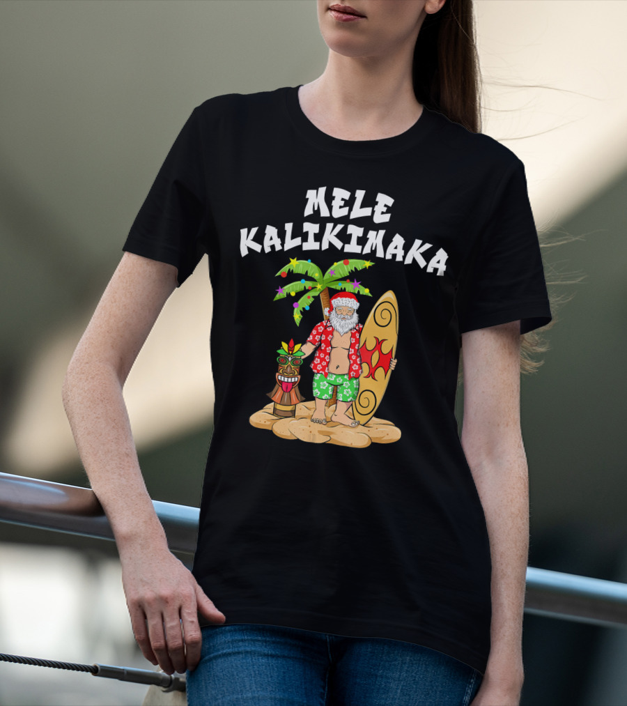 Mele Kalikimaka Santa With Surfboard And Tropical Tiki Palm Tree T-Shirt