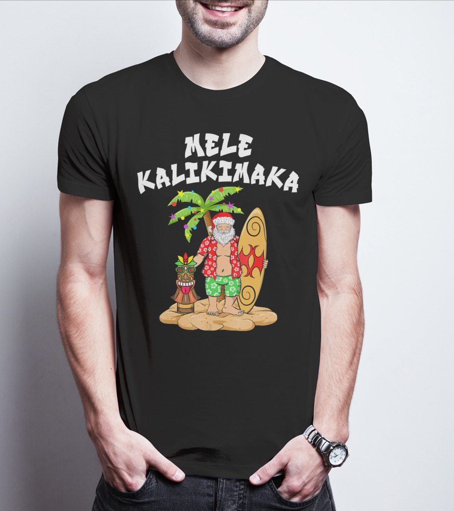 Mele Kalikimaka Santa With Surfboard And Tropical Tiki Palm Tree T-Shirt