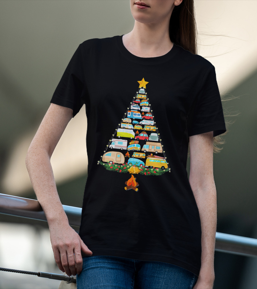 Christmas Tree Made Of Colorful Camping Vehicles With Star And Campfire T-Shirt