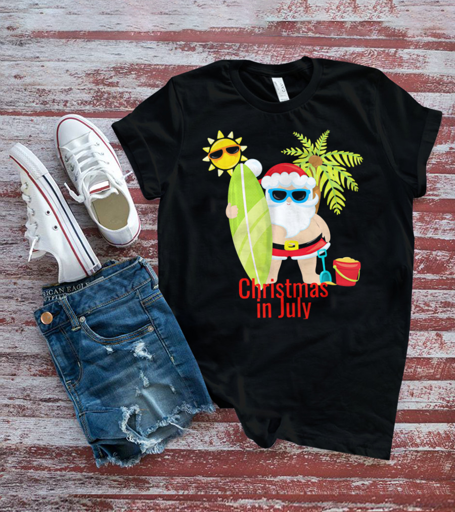 Christmas In July Beach Santa Surfer Sunny Holiday Fun T-Shirt