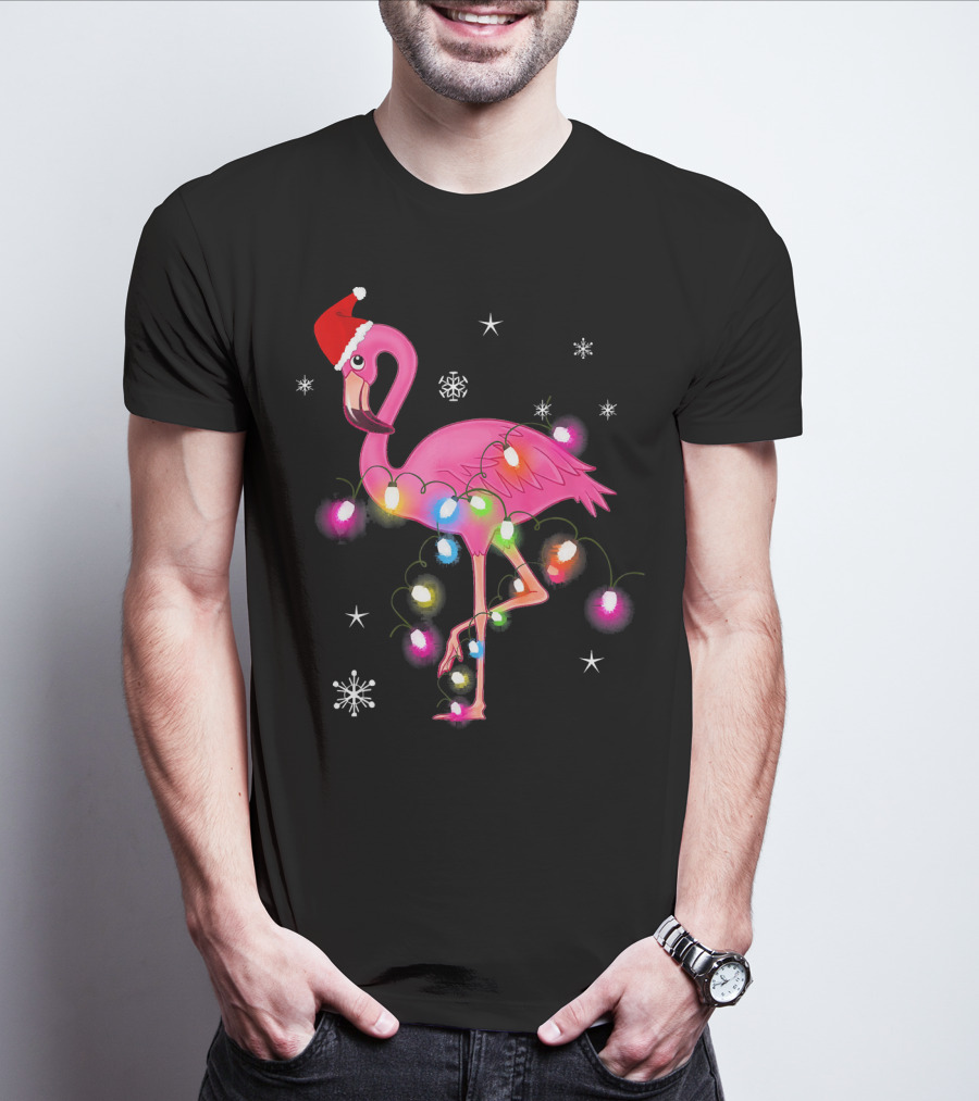 Pink Flamingo Christmas Lights And Santa Hat T-Shirt