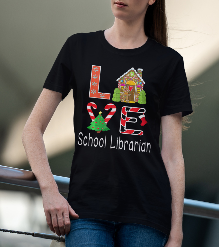LOVE School Librarian Merry Christmas Gingerbread House Candy Cane Tree T-Shirt