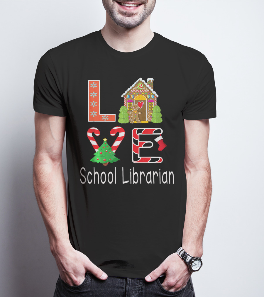 LOVE School Librarian Merry Christmas Gingerbread House Candy Cane Tree T-Shirt