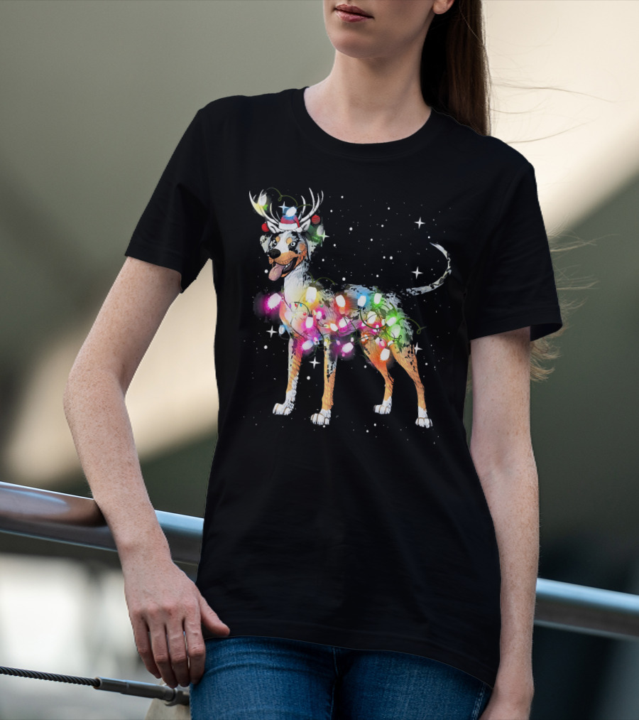 Festive Catahoula Leopard Dog With Christmas Lights And Reindeer Antlers T-Shirt