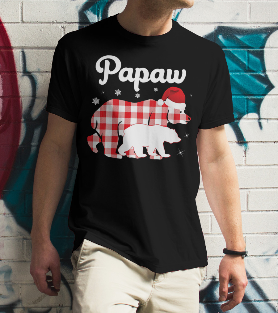 Papaw Red Plaid Bear Santa Hat Snowflakes Matching Family Pajama T-Shirt