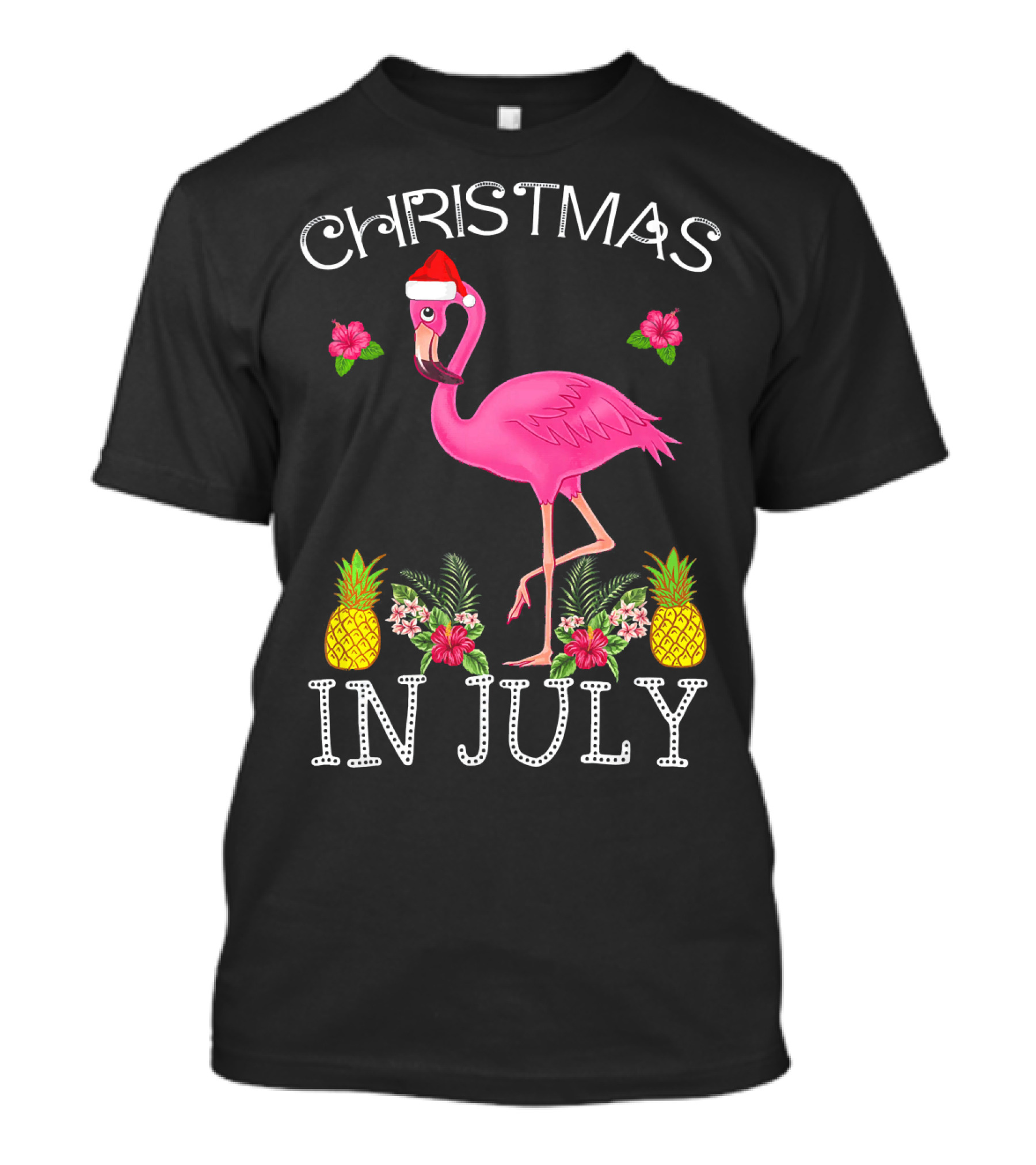 Christmas In July Pink Flamingo Santa Hat Pineapples Floral T-Shirt