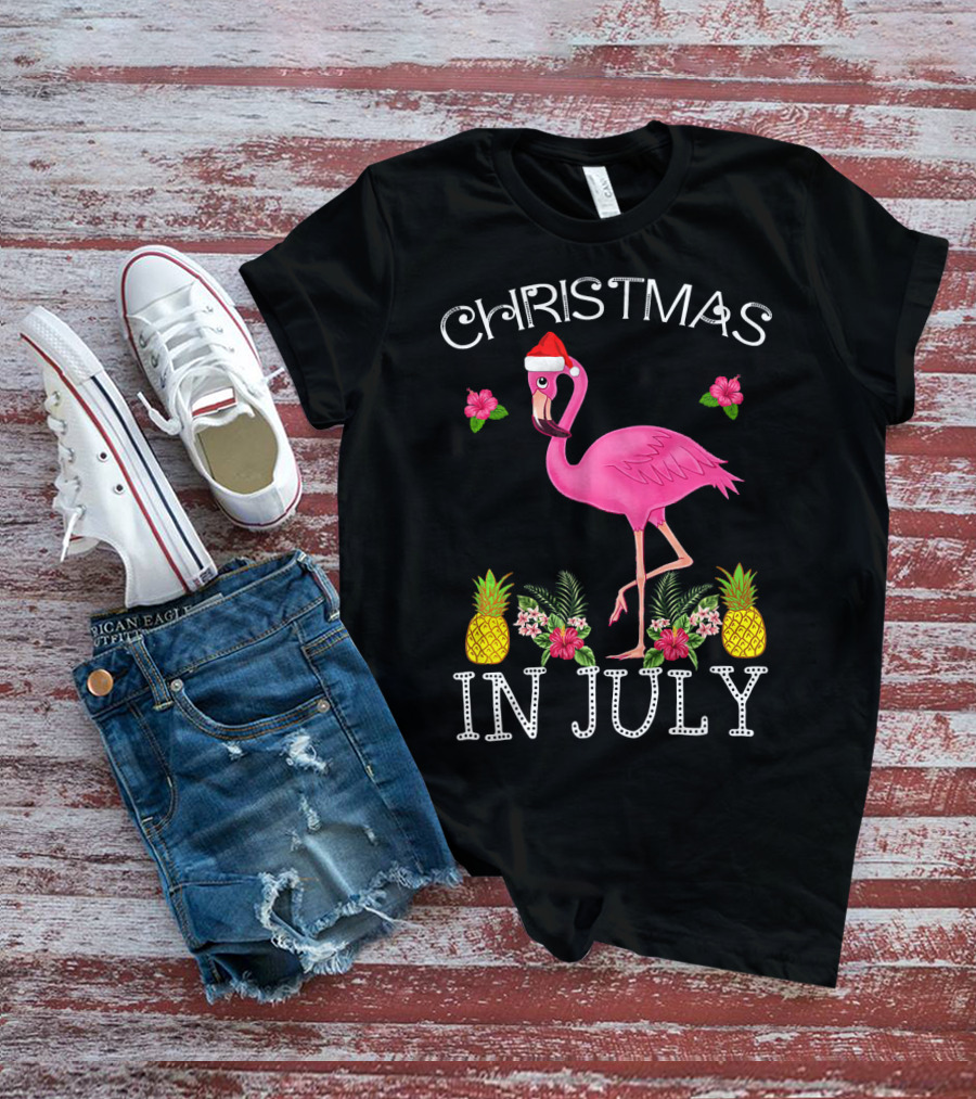 Christmas In July Pink Flamingo Santa Hat Pineapples Floral T-Shirt