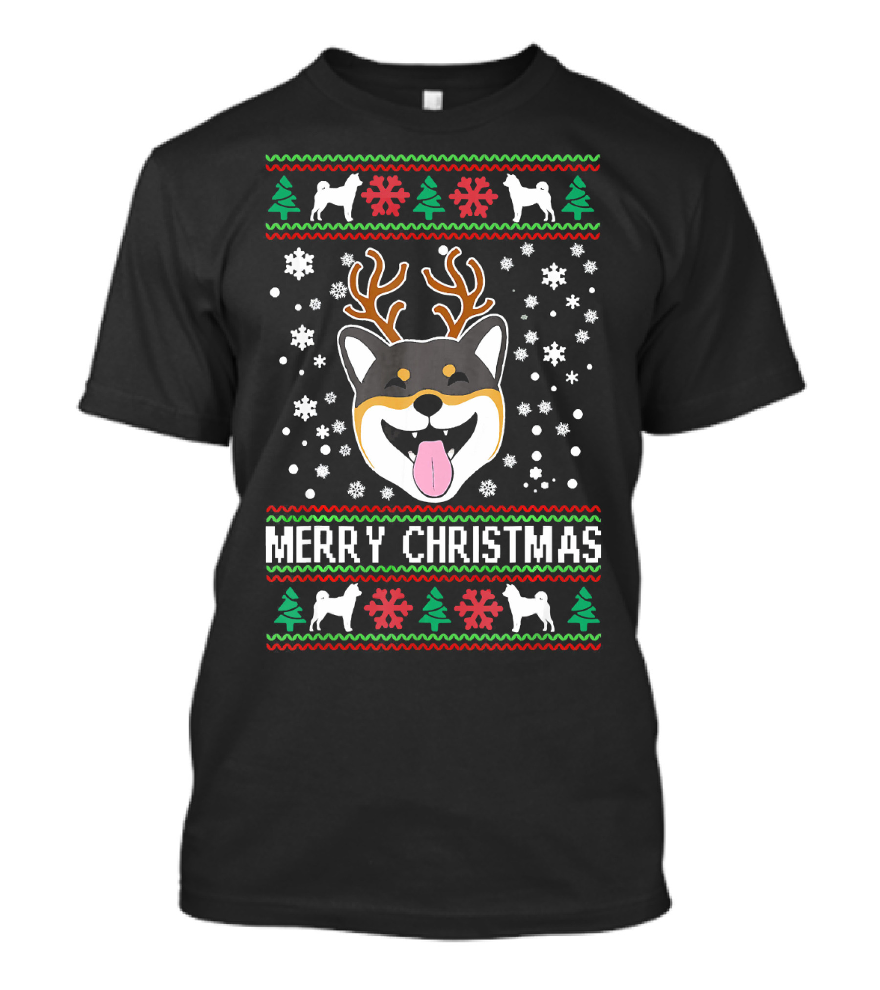 Merry Christmas Shiba Inu Reindeer Antlers Snowflakes Ugly T-Shirt