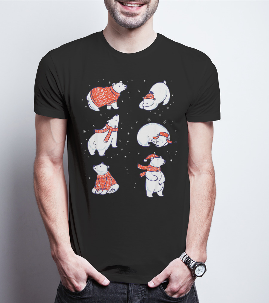 Cute Hand Drawn Polar Bear In Festive Red Sweaters And Scarves T-Shirt