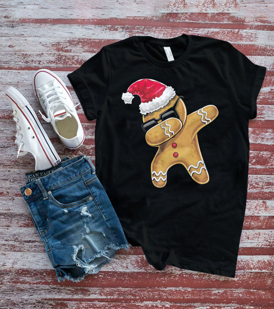 Santa Hat Dabbing Gingerbread Man Holiday Baking T-Shirt