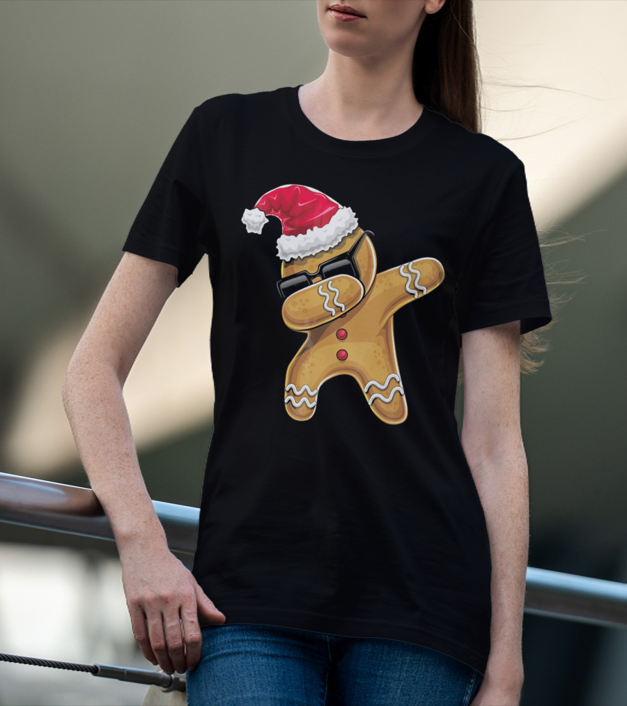 Santa Hat Dabbing Gingerbread Man Holiday Baking T-Shirt