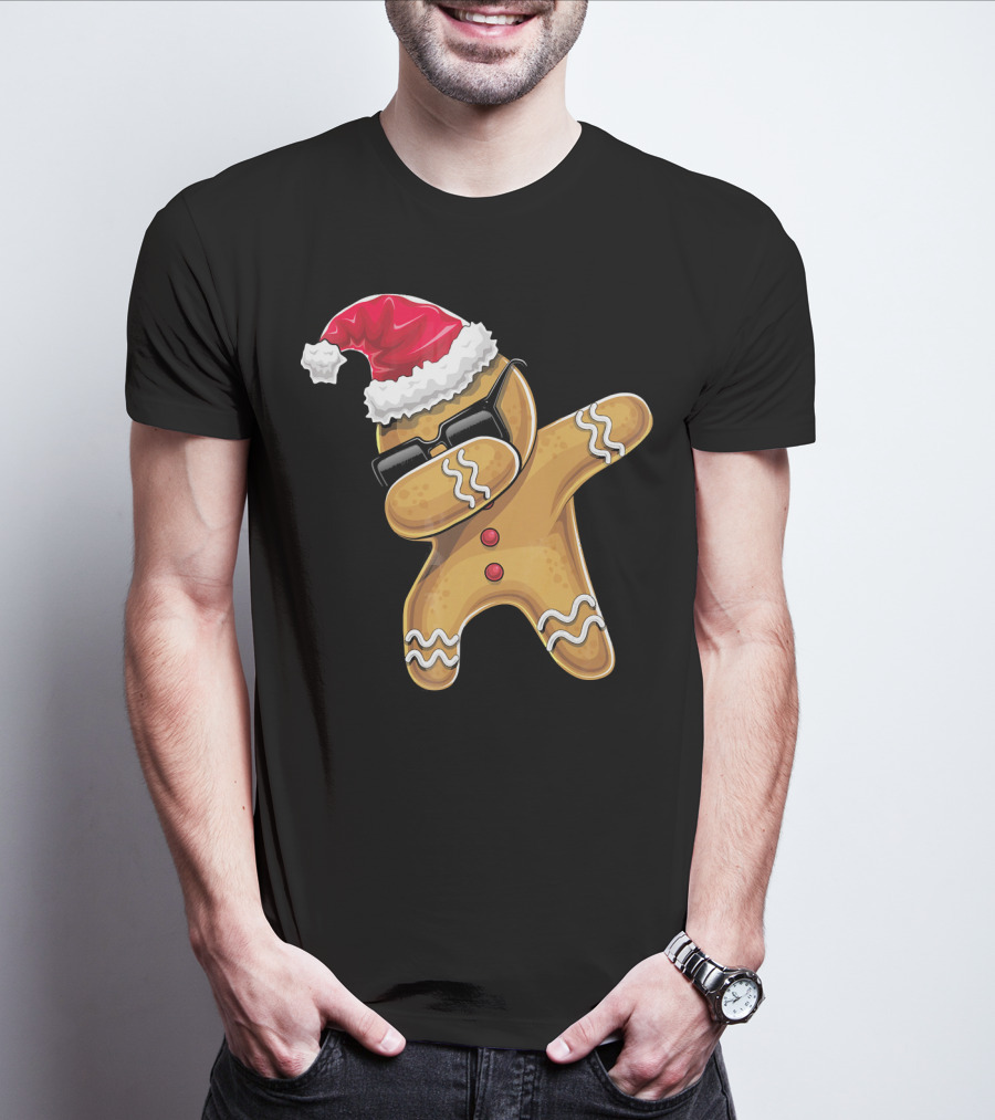 Santa Hat Dabbing Gingerbread Man Holiday Baking T-Shirt
