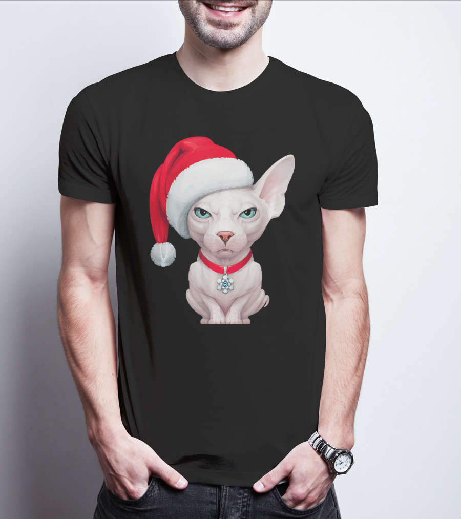 Sphynx Cat Santa Hat Christmas Holiday Festive Pet Charm T-Shirt