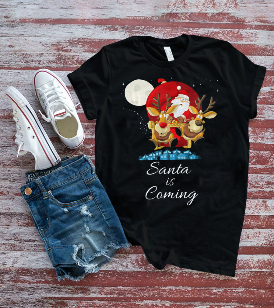 Santa Is Coming With Reindeer Sleigh Under The Moonlight T-Shirt
