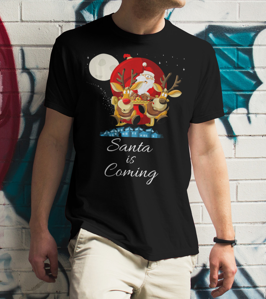 Santa Is Coming With Reindeer Sleigh Under The Moonlight T-Shirt
