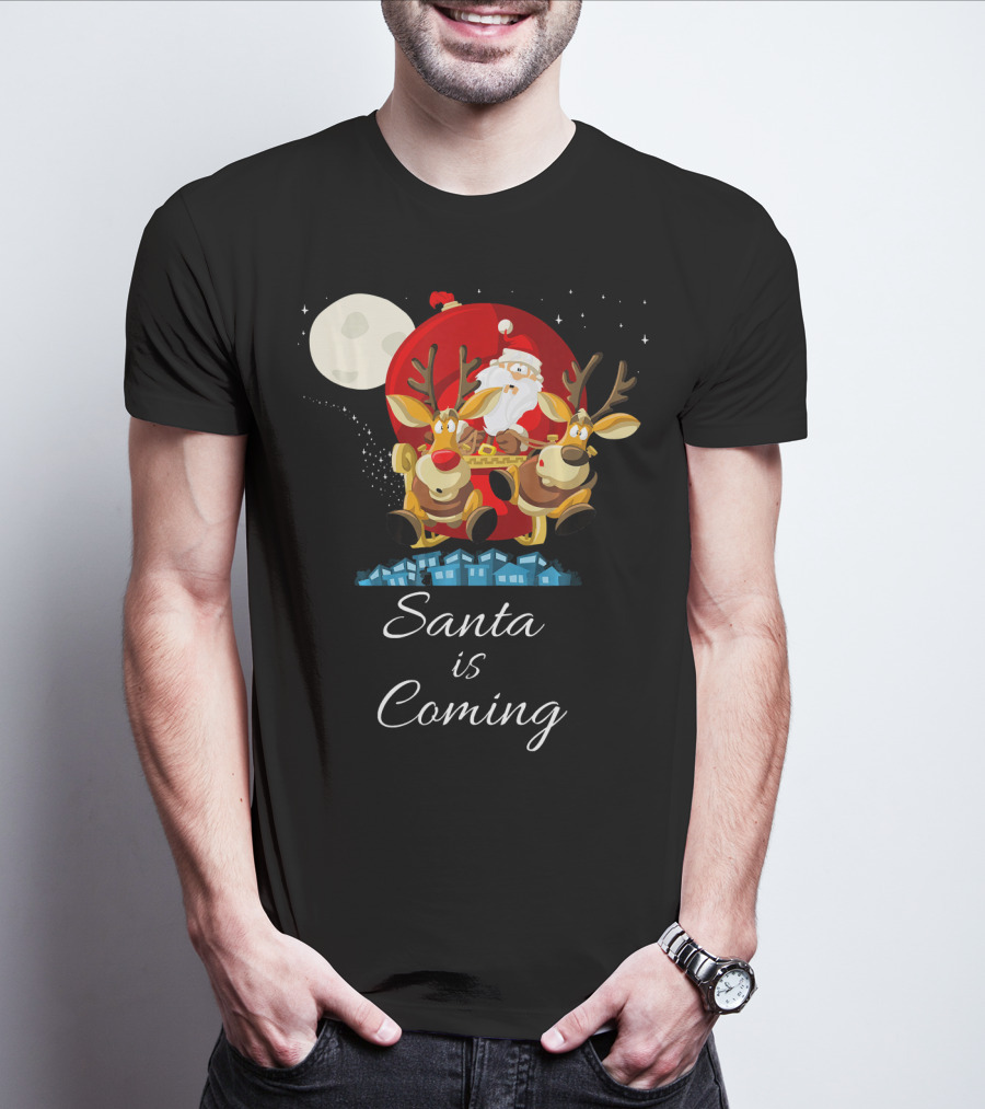 Santa Is Coming With Reindeer Sleigh Under The Moonlight T-Shirt