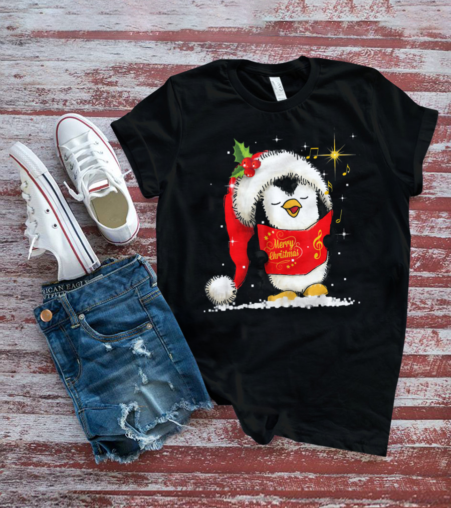 Tee89s Penguin Merry Christmas Song With Santa Hat And Music Notes T-Shirt