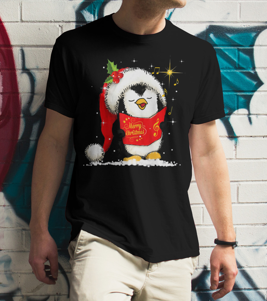Tee89s Penguin Merry Christmas Song With Santa Hat And Music Notes T-Shirt