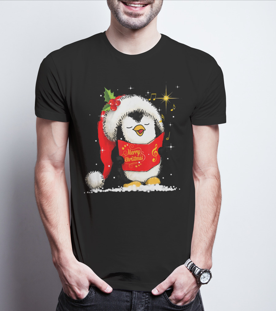 Tee89s Penguin Merry Christmas Song With Santa Hat And Music Notes T-Shirt