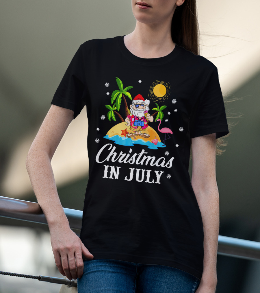 Christmas In July Flamingo Santa On Tropical Island With Palm Trees And Sun T-Shirt