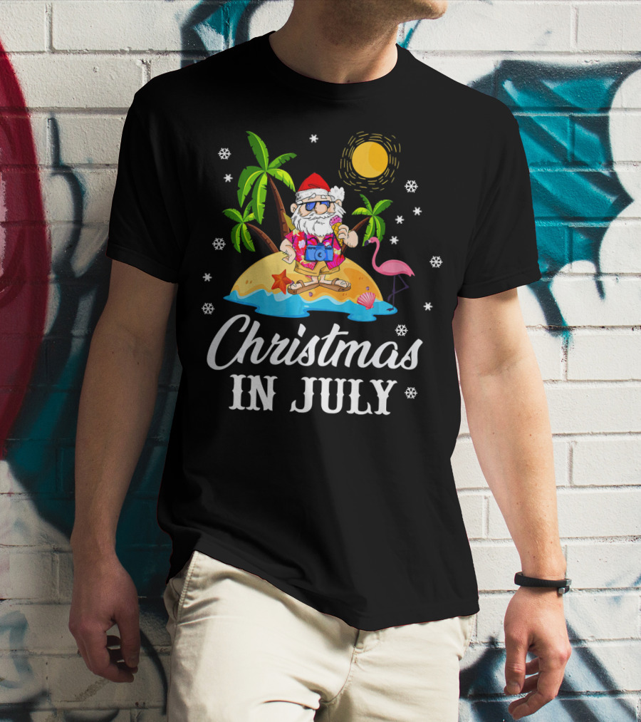 Christmas In July Flamingo Santa On Tropical Island With Palm Trees And Sun T-Shirt