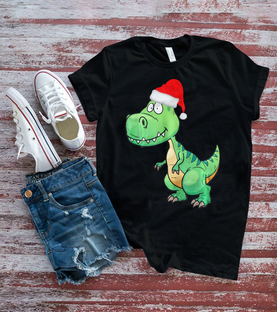 Santa Dinosaur Christmas T-Rex With Santa Hat T-Shirt