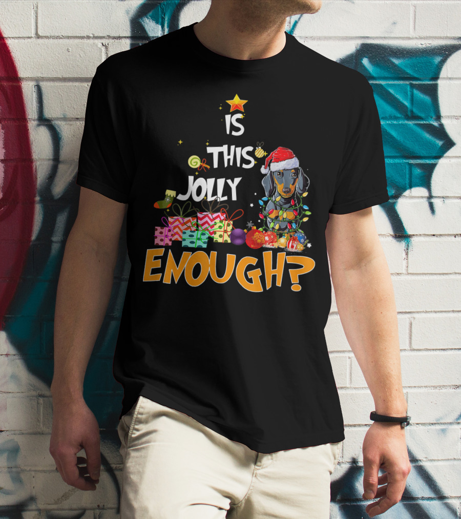 Is This Jolly Enough Dachshund Christmas Lights Santa Hat Gifts T-Shirt