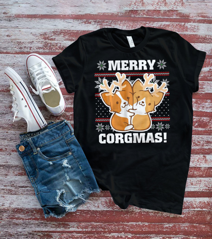 Merry Corgmas Ugly Christmas Sweater With Cute Corgis And Reindeer Antlers T-Shirt