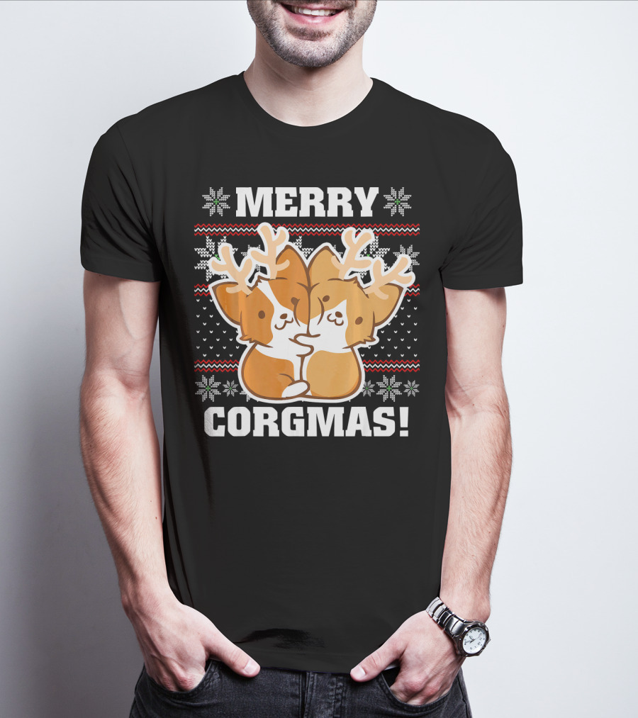 Merry Corgmas Ugly Christmas Sweater With Cute Corgis And Reindeer Antlers T-Shirt