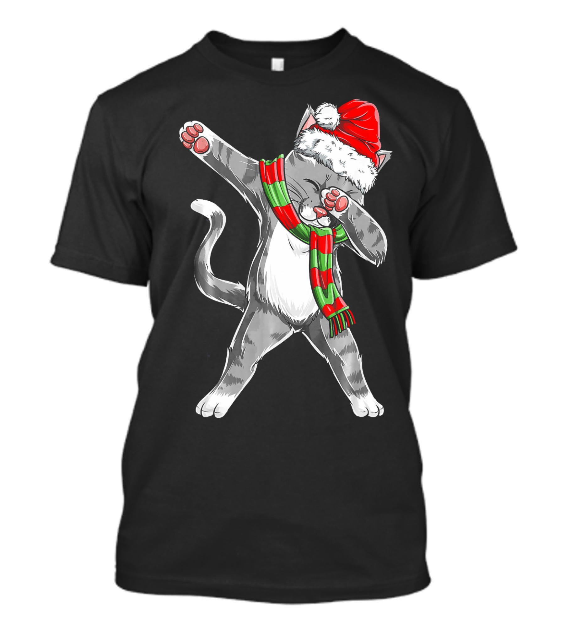 Dabbing Cat Santa Christmas Kids Bo Kitty Santa Hat Green Red Scarf T-Shirt