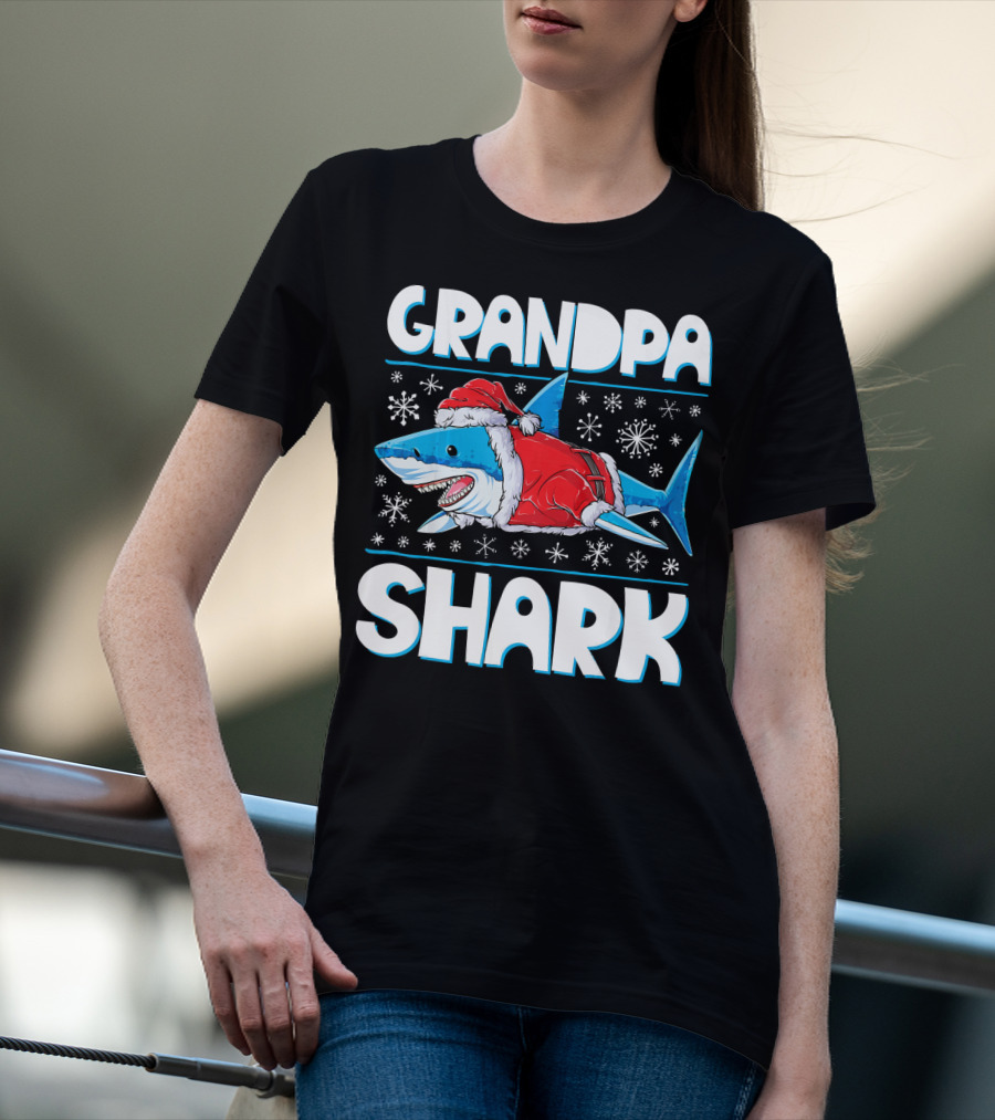 Grandpa Shark In Santa Hat With Snowflakes T-Shirt