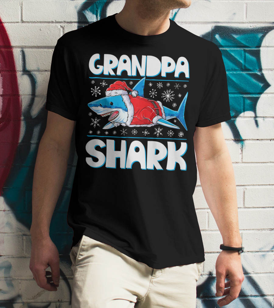 Grandpa Shark In Santa Hat With Snowflakes T-Shirt