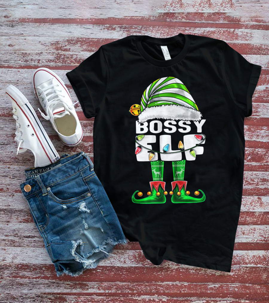 Bossy Elf Christmas Family Matching With Hat And Lights T-Shirt