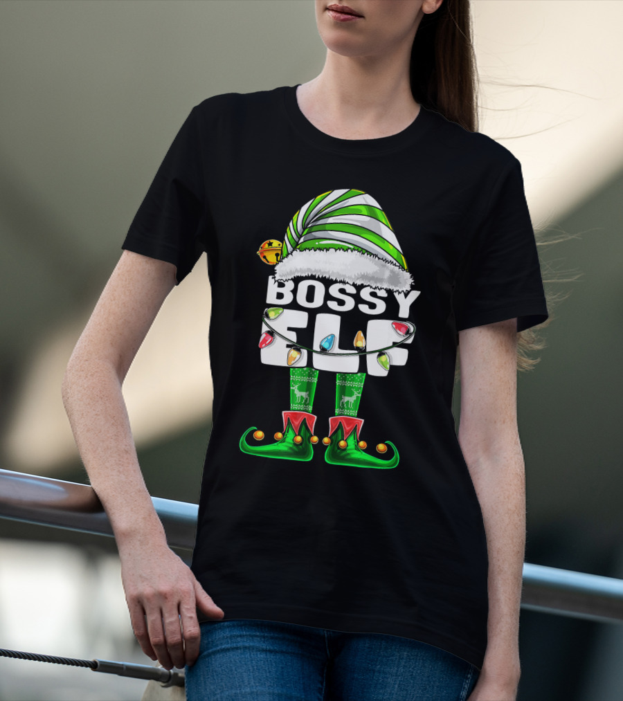 Bossy Elf Christmas Family Matching With Hat And Lights T-Shirt