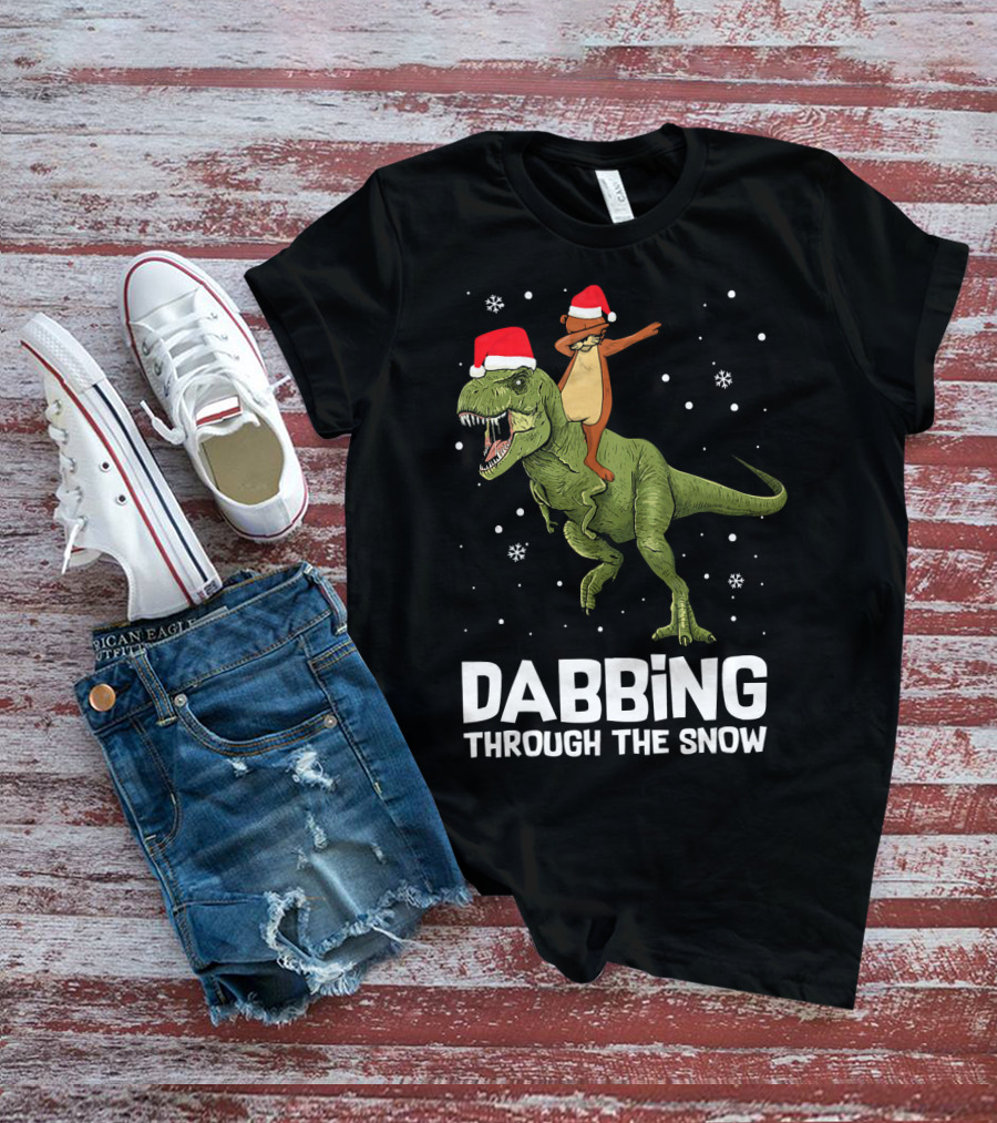 Dabbing Through The Snow Otter Rides Dinosaur Santa Hats T-Shirt