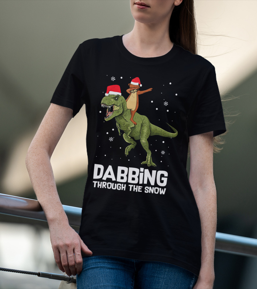 Dabbing Through The Snow Otter Rides Dinosaur Santa Hats T-Shirt