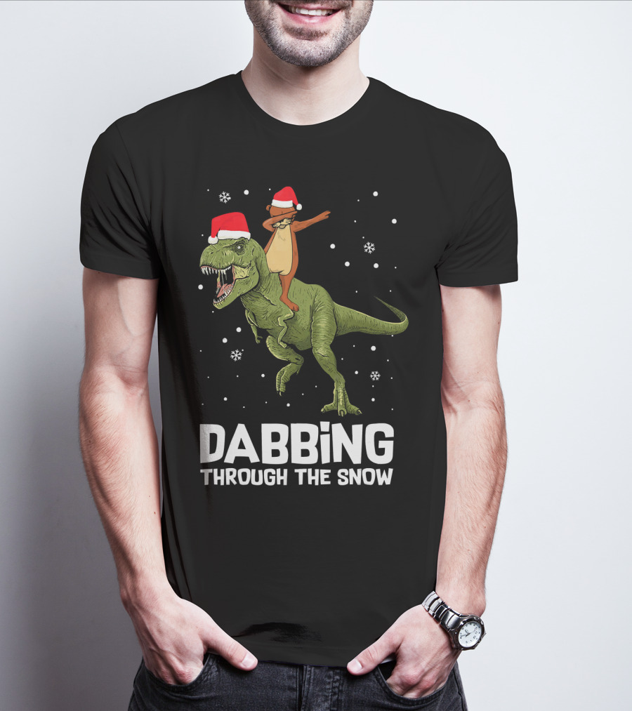 Dabbing Through The Snow Otter Rides Dinosaur Santa Hats T-Shirt